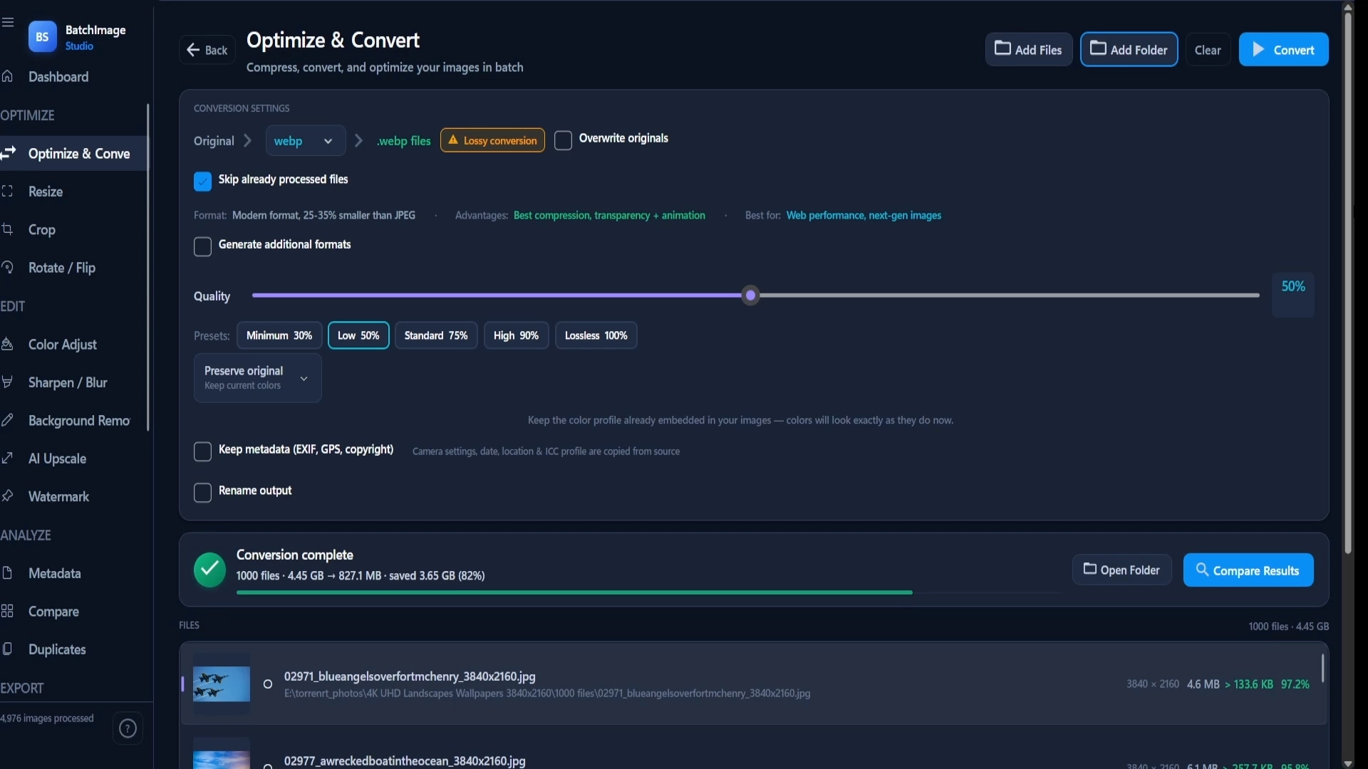 Batch optimization benchmark — 1,000 4K images, 4.45 GB reduced to 827 MB, 82% saved