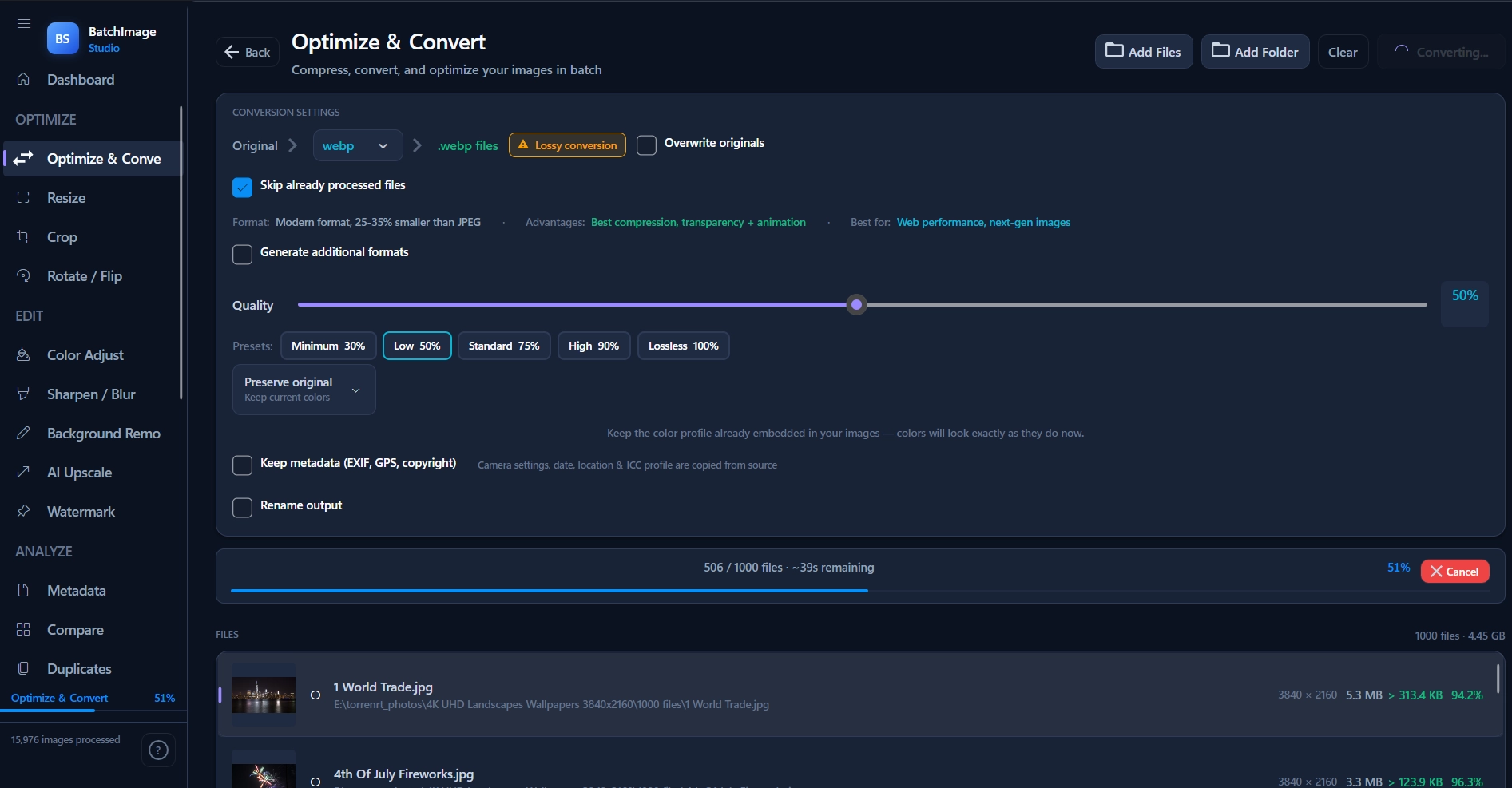 Optimize screen processing a batch at 50% quality with a live progress bar