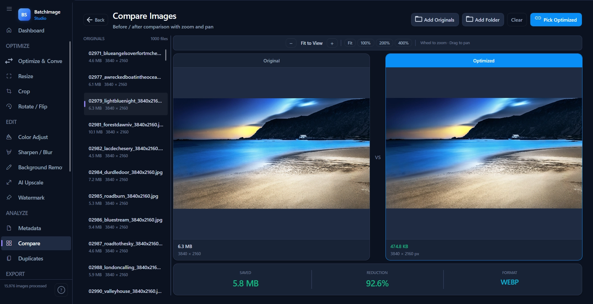 Before/after comparison — 3.7 MB original reduced to 323.2 KB, a 91.4% reduction, in WebP format